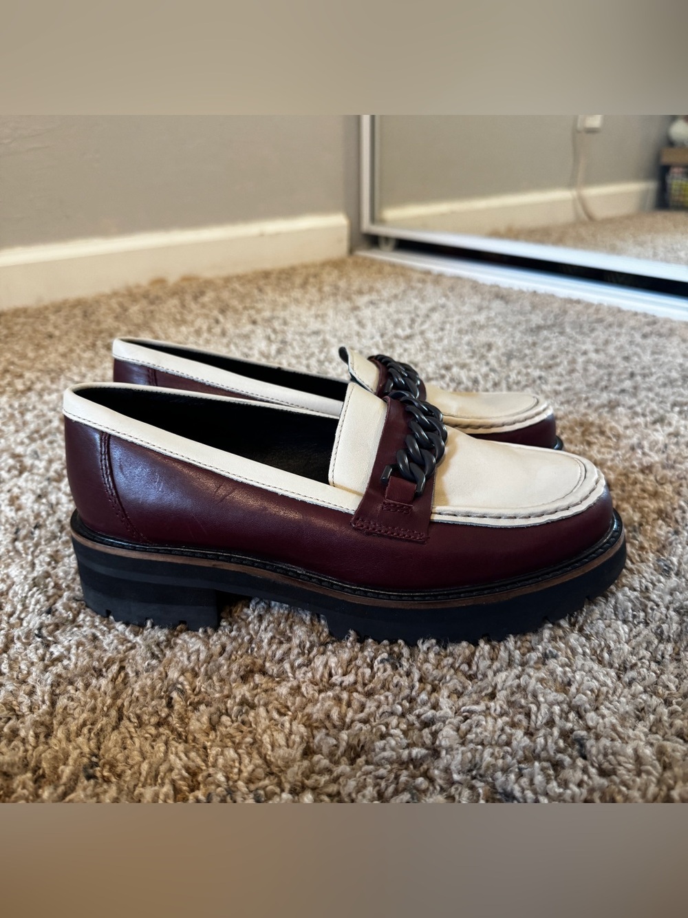 Clarks Burgundy and White Chain-Trim Platform Loafers